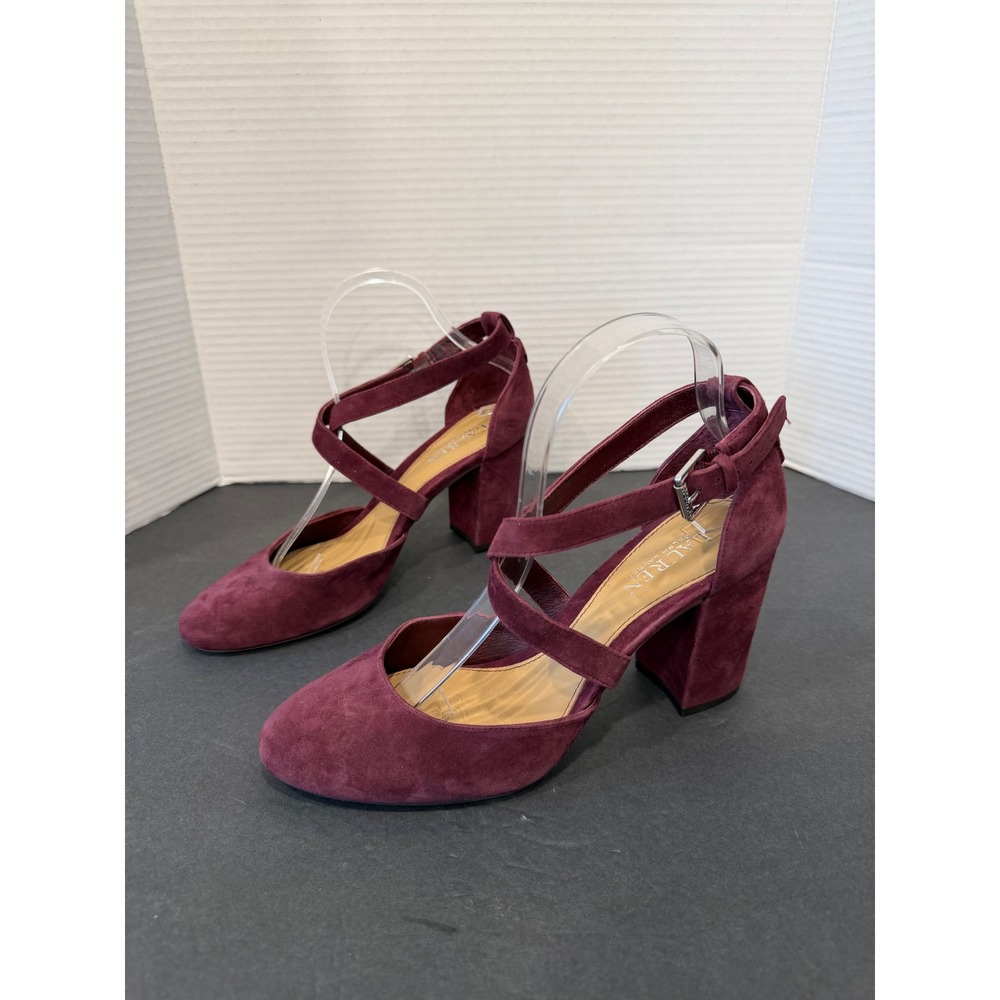 Lauren Ralph Lauren Burgundy Suede Block Heel Crisscross Ankle Strappy Pumps 8.5